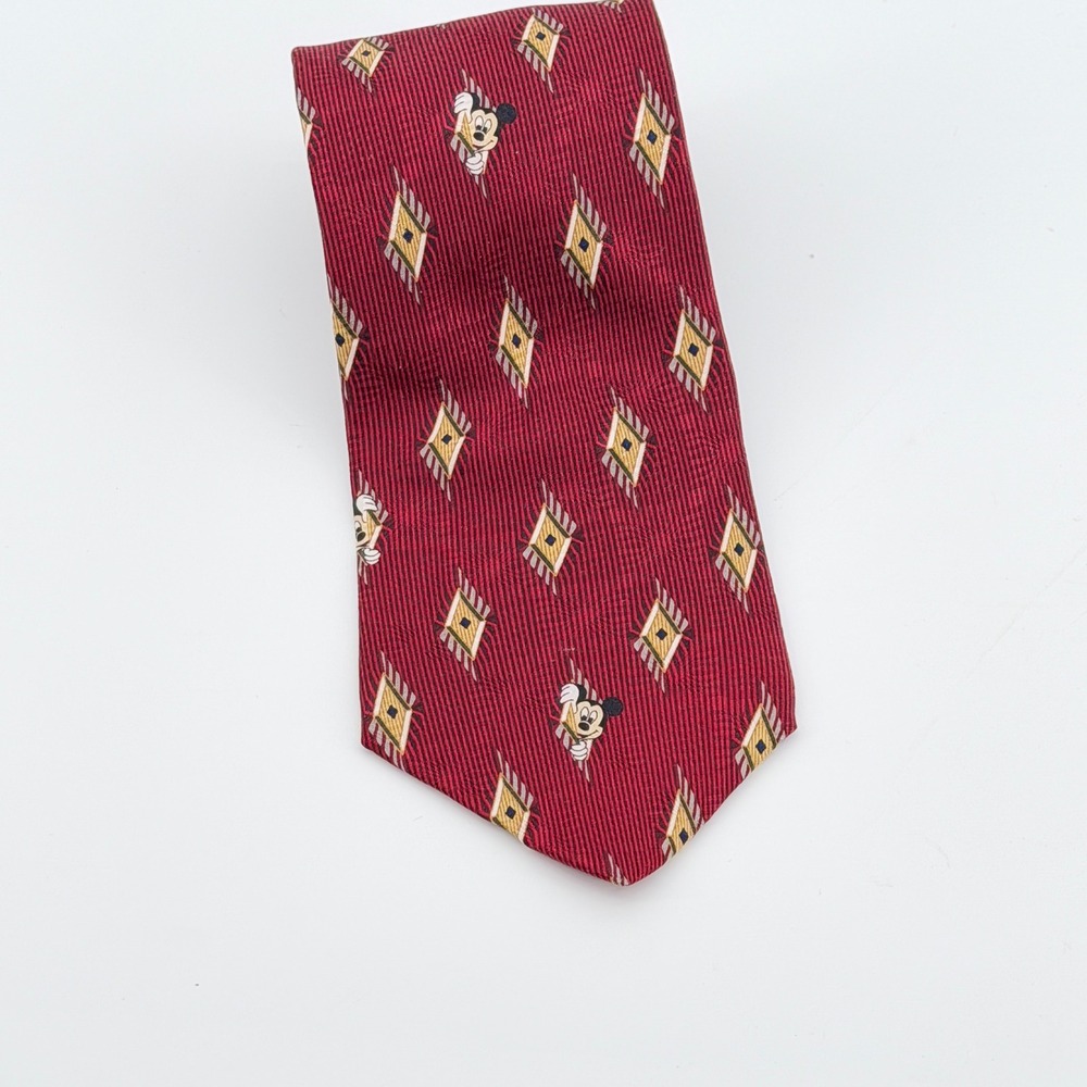 Mickey Inc Disney Mens Silk Tie Maroon Geometric Mickey Mouse Vintage Red